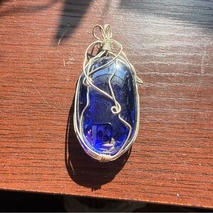 Elegant Blue Wire-Wrapped Glass Pendant